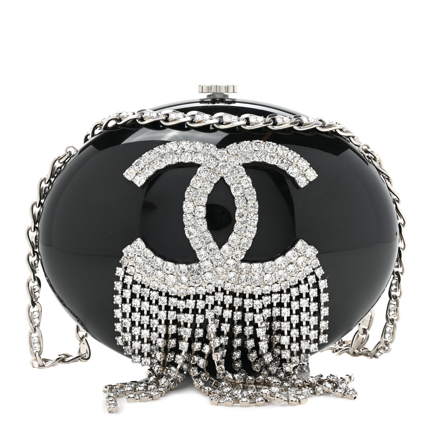 TOP CHANEL Resin Crystal Chain Fringe CC Oval Minaudière 19.5×15×5cm  - Black