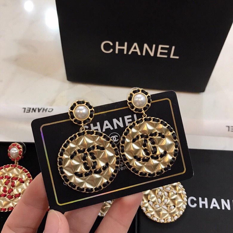 TOP CHANEL Double C Metal Leather Round Stud Earrings - 3 Colors