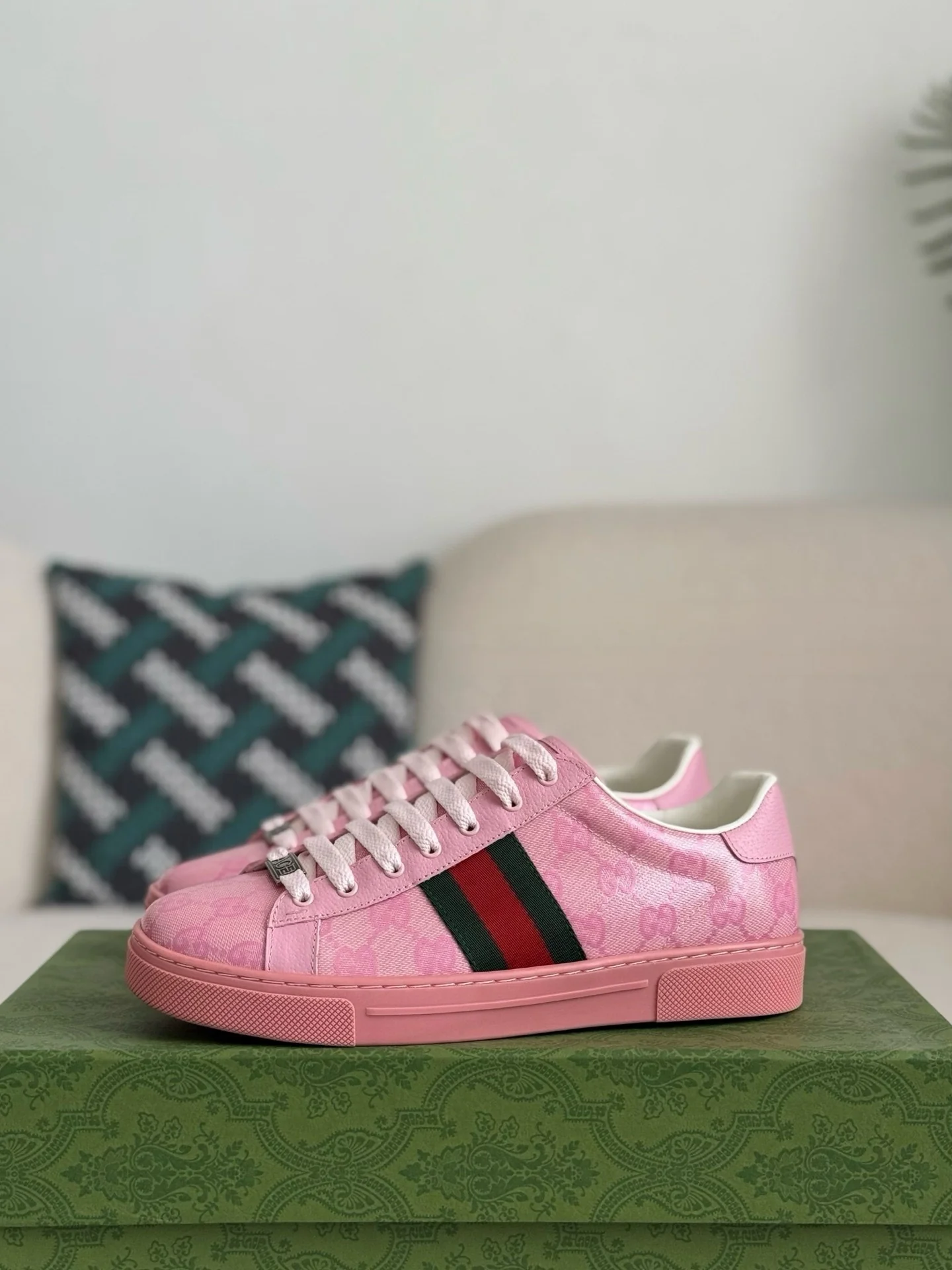 AAAShoes Pink Monogram Canvas Low Top Sneakers Web Stripe Casual Flat Skate Shoes For Women
