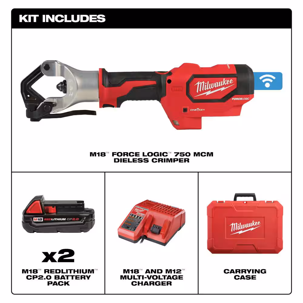M18 18V Lithium-Ion Cordless FORCE LOGIC 750 MCM Dieless Crimping Tool Kit with 2 2.0 Ah Batteries and Bag