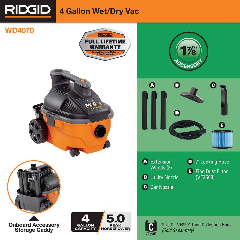4 Gallon 5.0 Peak HP Portable Shop Vac Wet Dry Vacuum with Fine Dust Filter, Locking Hose and Accessory Attachments