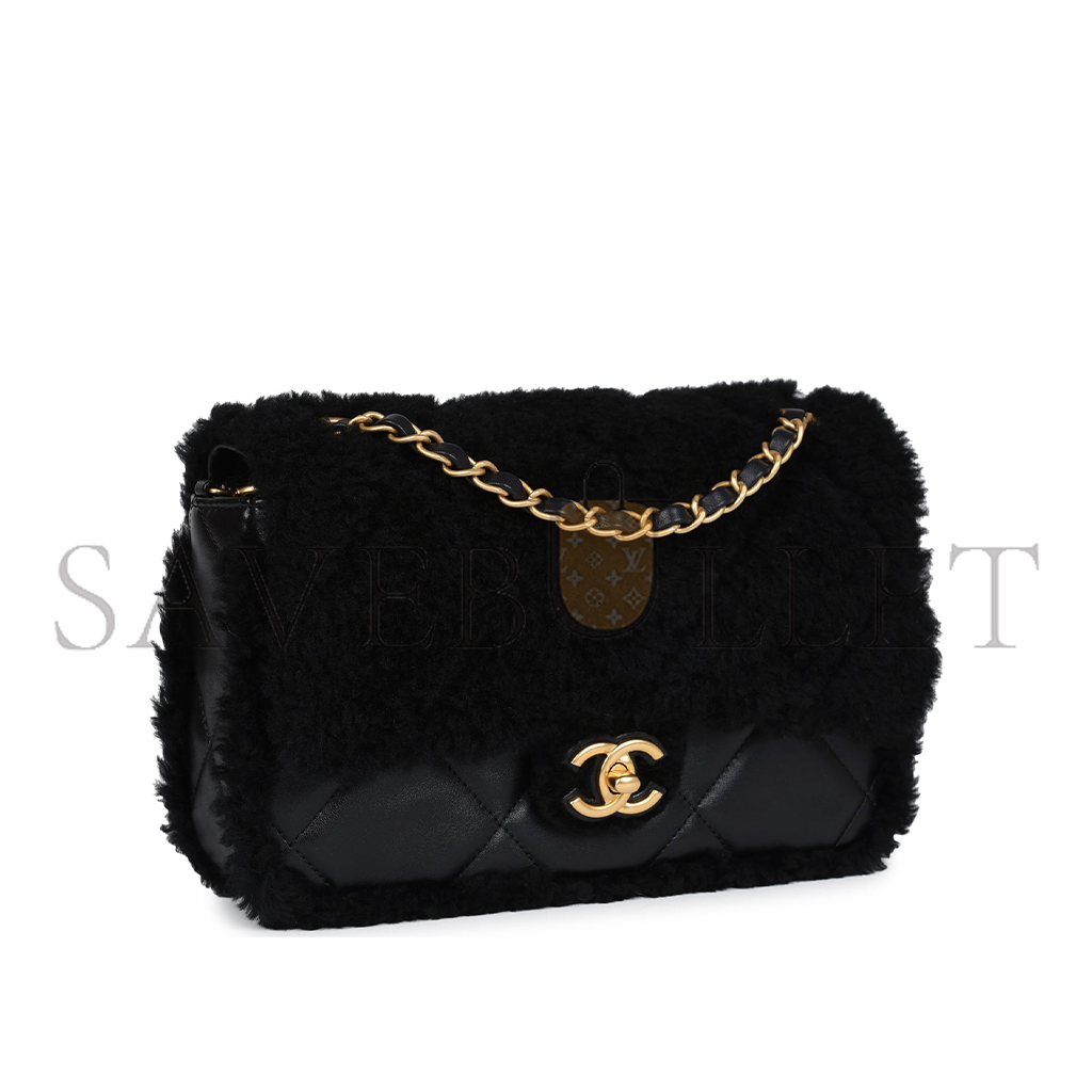 CHANEL MASTER MEDIUM SHEARLING FLAP BAG BLACK LAMBSKIN BRUSHED GOLD HARDWARE  (23.5*16*7.5cm)