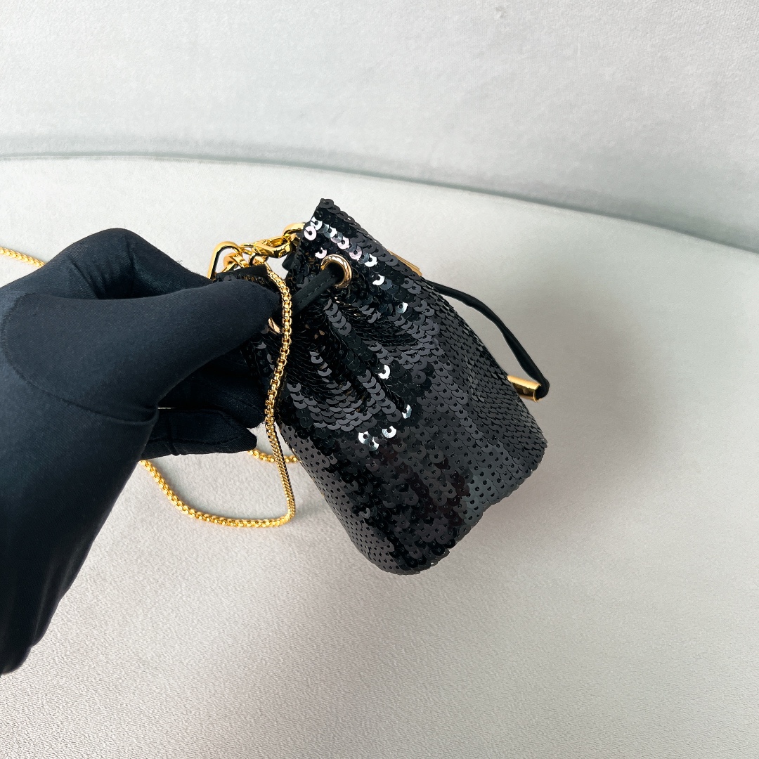 TOP PRADA Sequined Satin Mini-Pouch 10 x 12 x 7 cm- Black