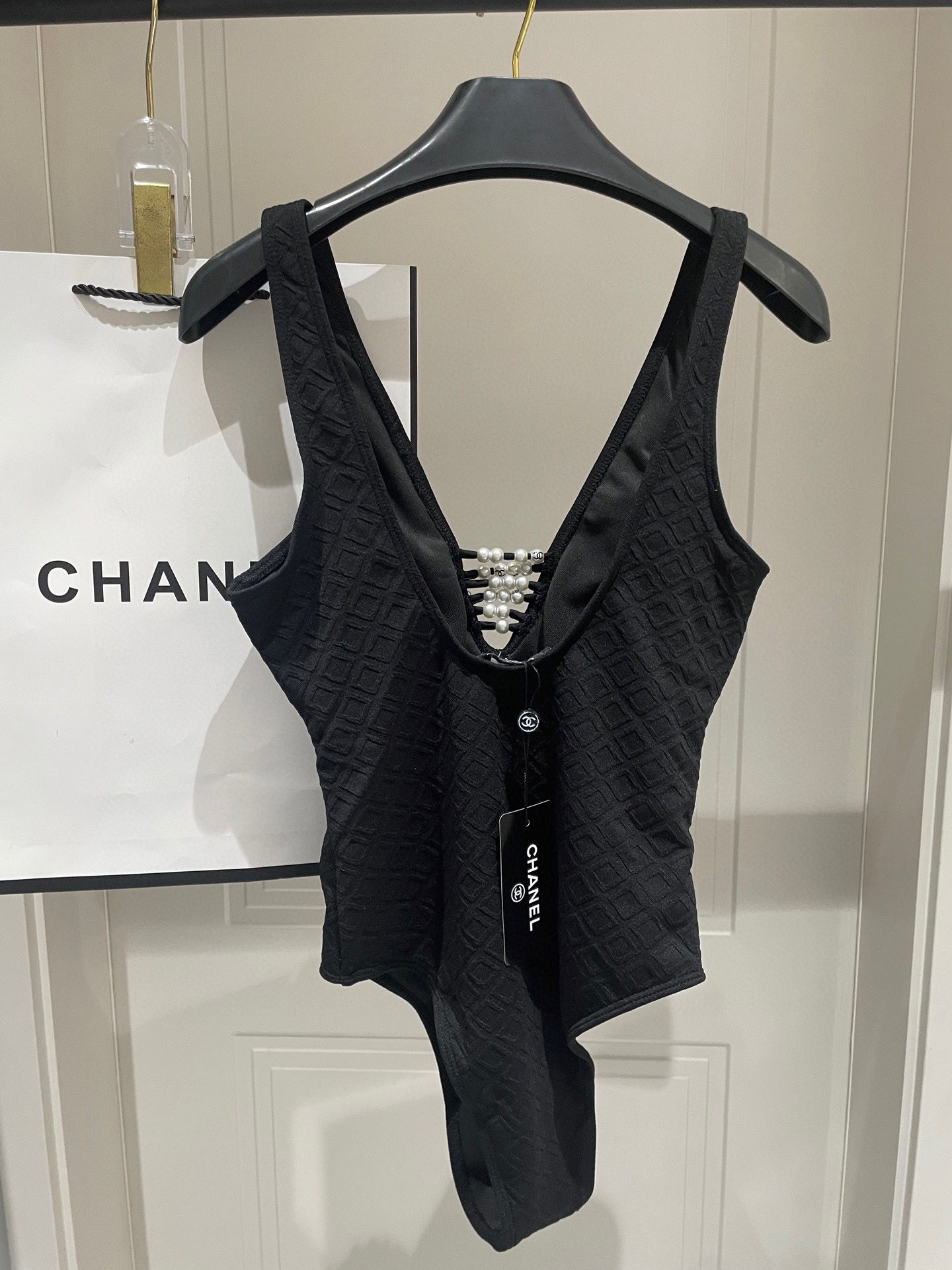 TOP CHANEL Pearl One-Piece Swimsuit - Black