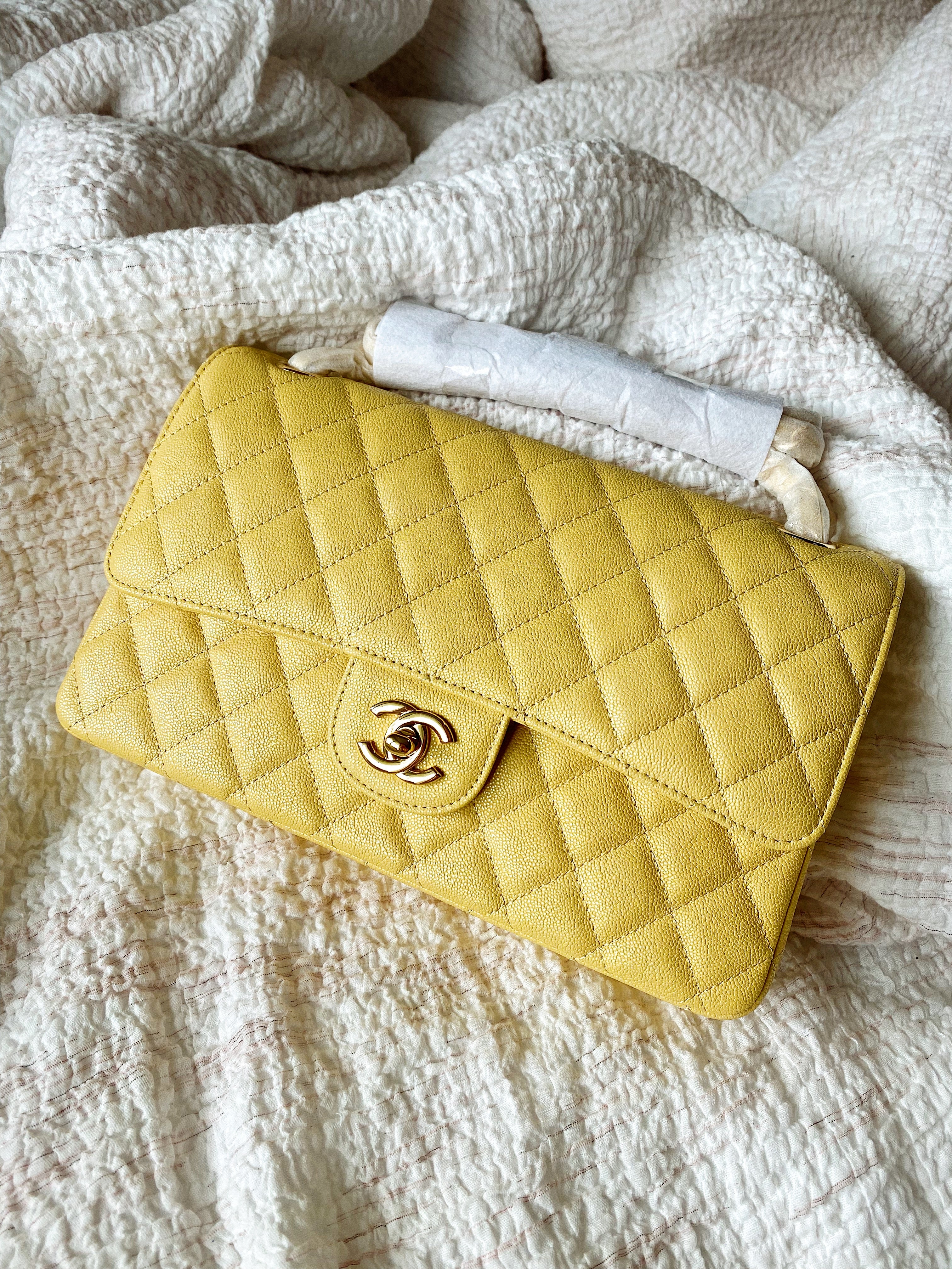 TOP CHANEL Classic Flap Bag Caviar Medium 25.5cm –  Yellow & GHW