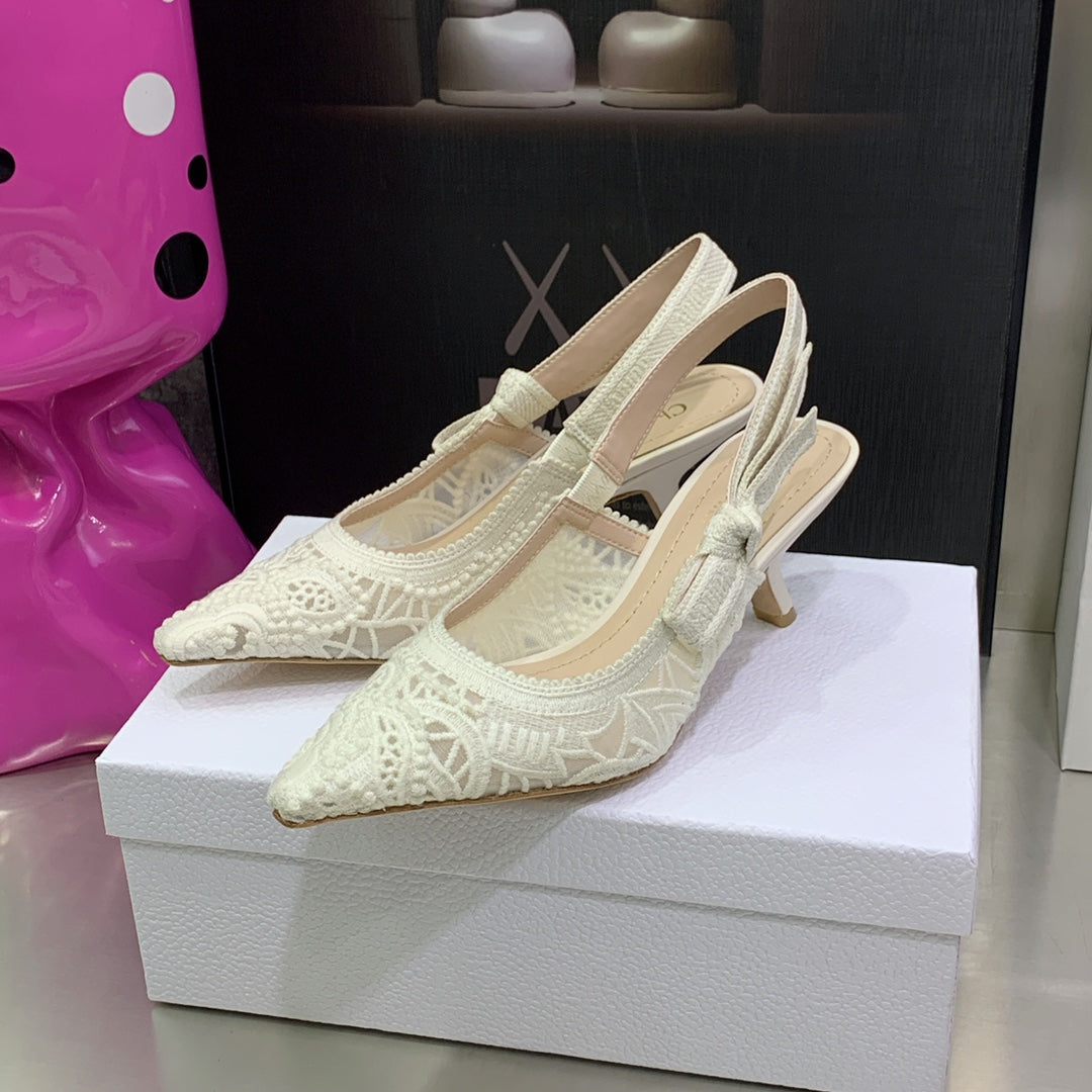 TOP Christian Dior Macrame Mid Heels Lace Shoes 22 - White