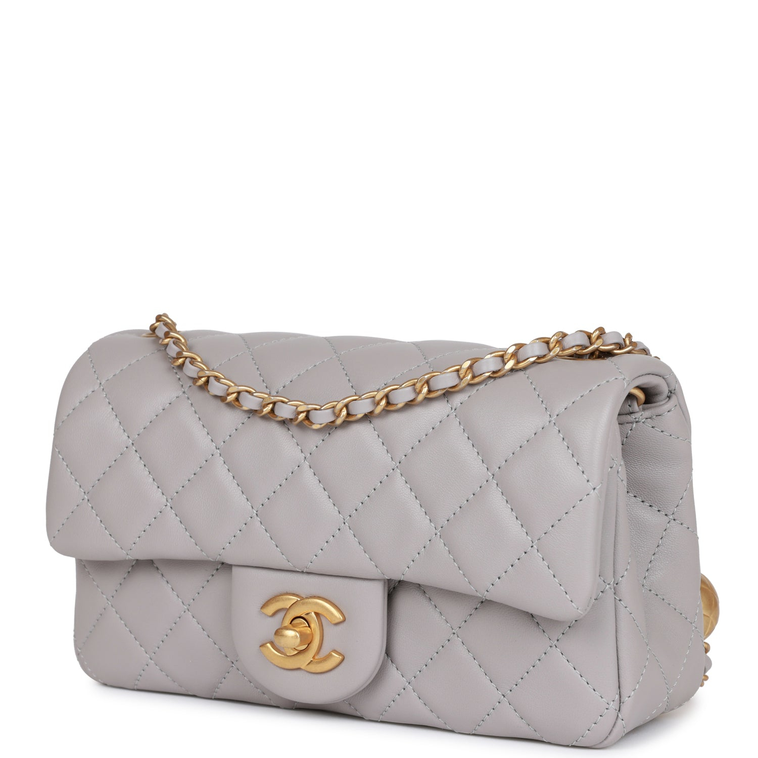 Chanel Classic Flag Bag Pearl Crush Mini Rectangular Flap Bag Light Grey   Antique Gold Hardware(7A regular version)