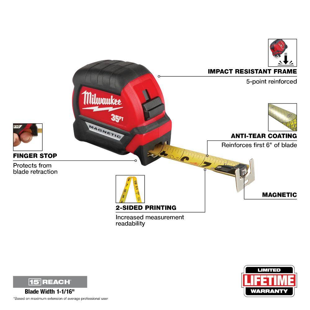 35 ft. x 1-1/16 in. Compact Magnetic Tape Measure with 15 ft. Reach