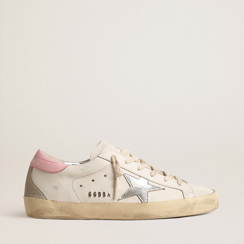 Golden Goose Super-Star with silver leather star and pink heel tab  (Replica)
