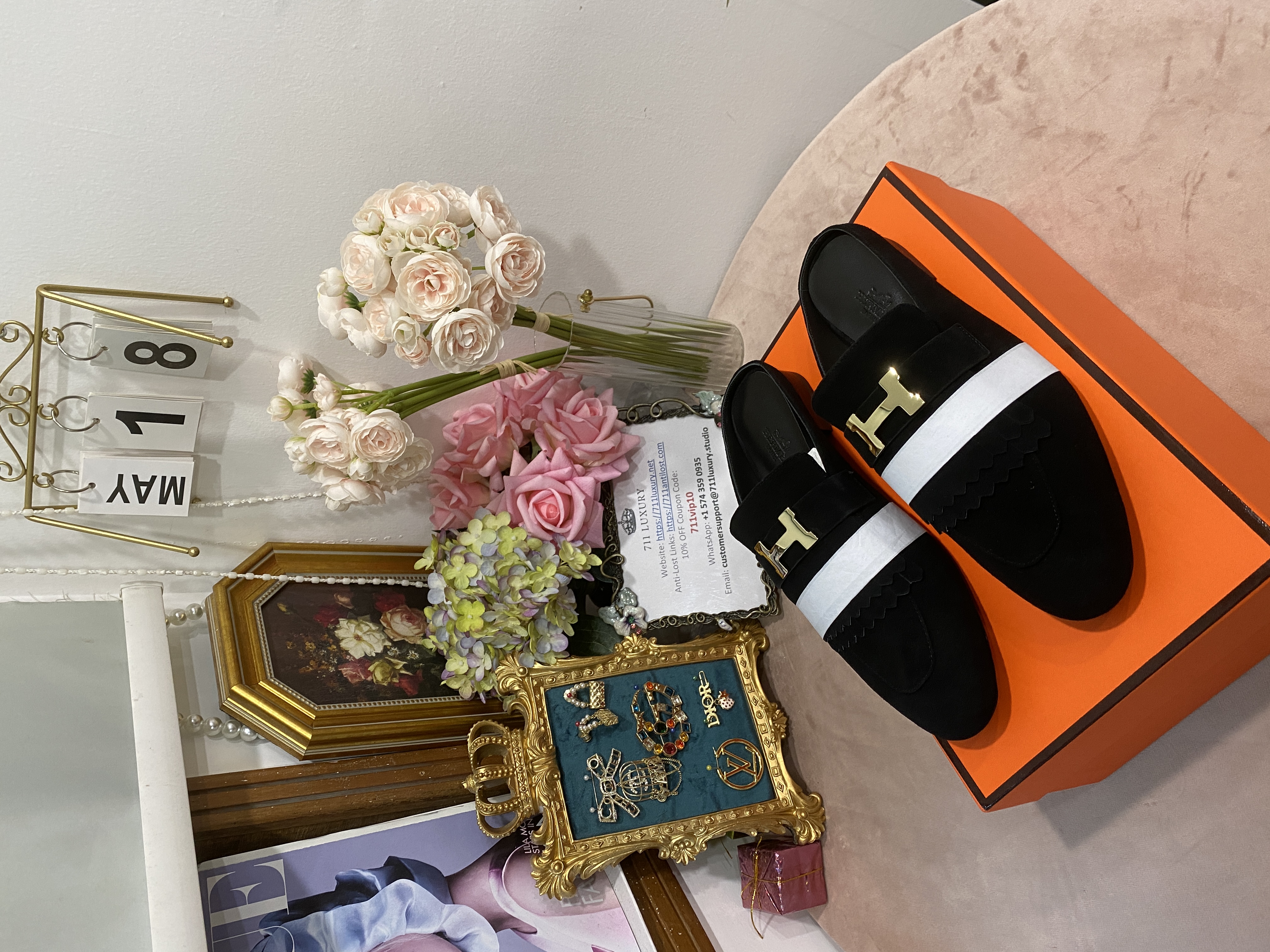 TOP HERMES Rivoli Mules - Black & SHW/GHW