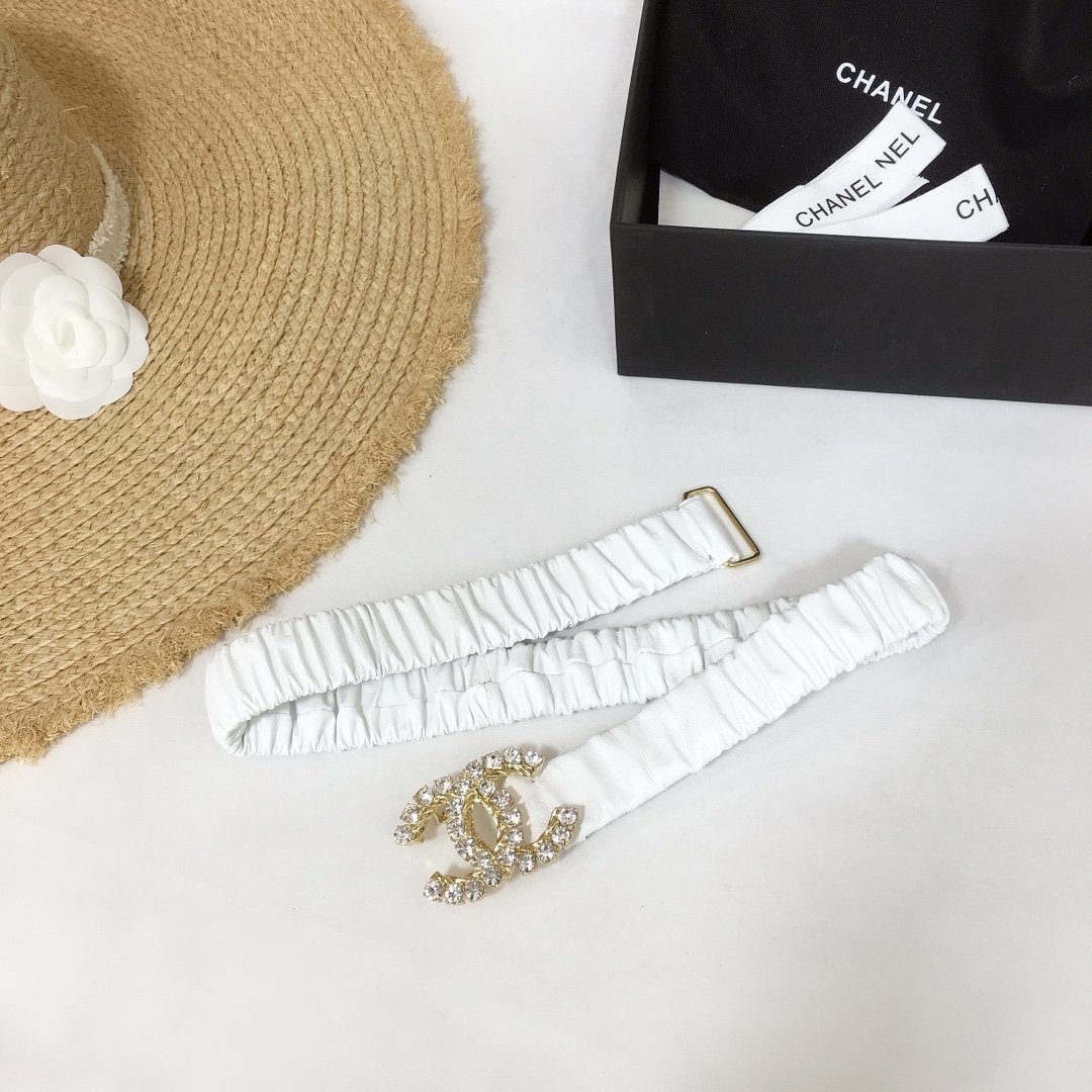 Chanel Belt Velvet White With Double C Buckle Gold-Toned and Strass Hardware Women Belt 30MM