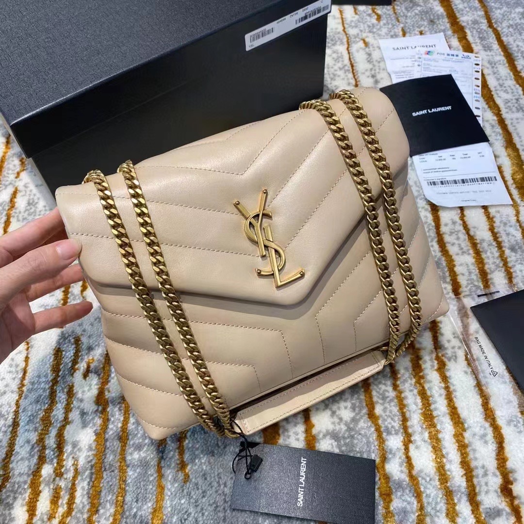 TOP Yves Saint Laurent YSL Lou Lou Bag Small 25cm - Beige & GHW