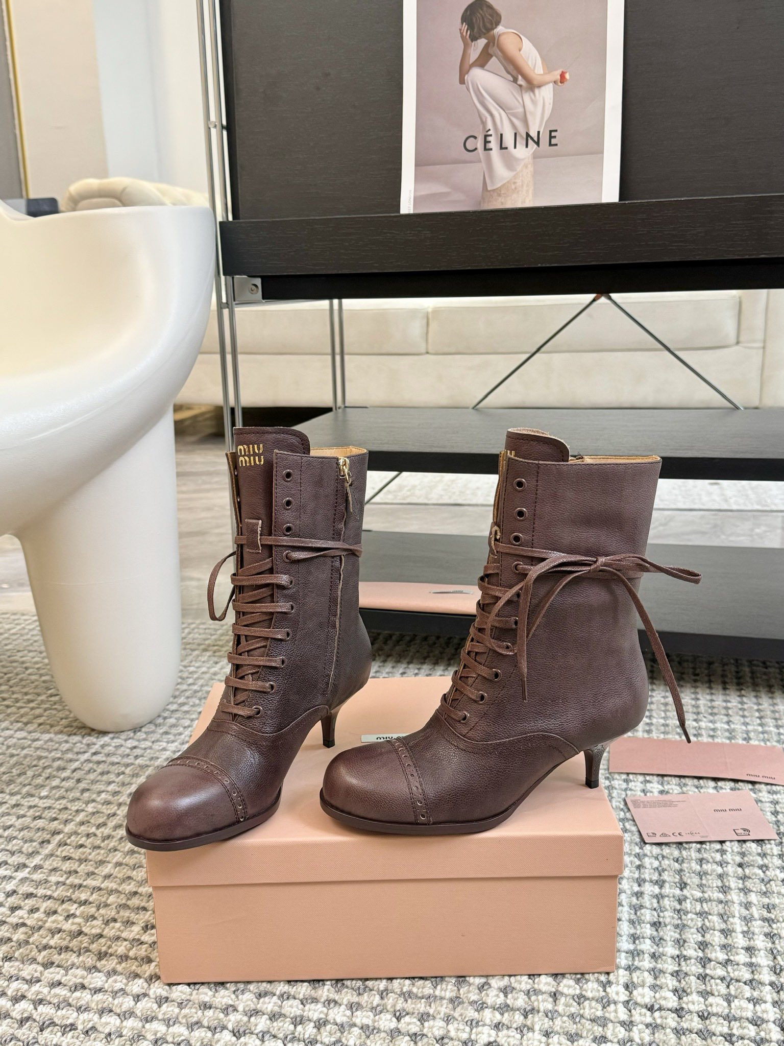 TOP Miu Miu Short Heel Round Toe Lace-up Boots - 2 Color