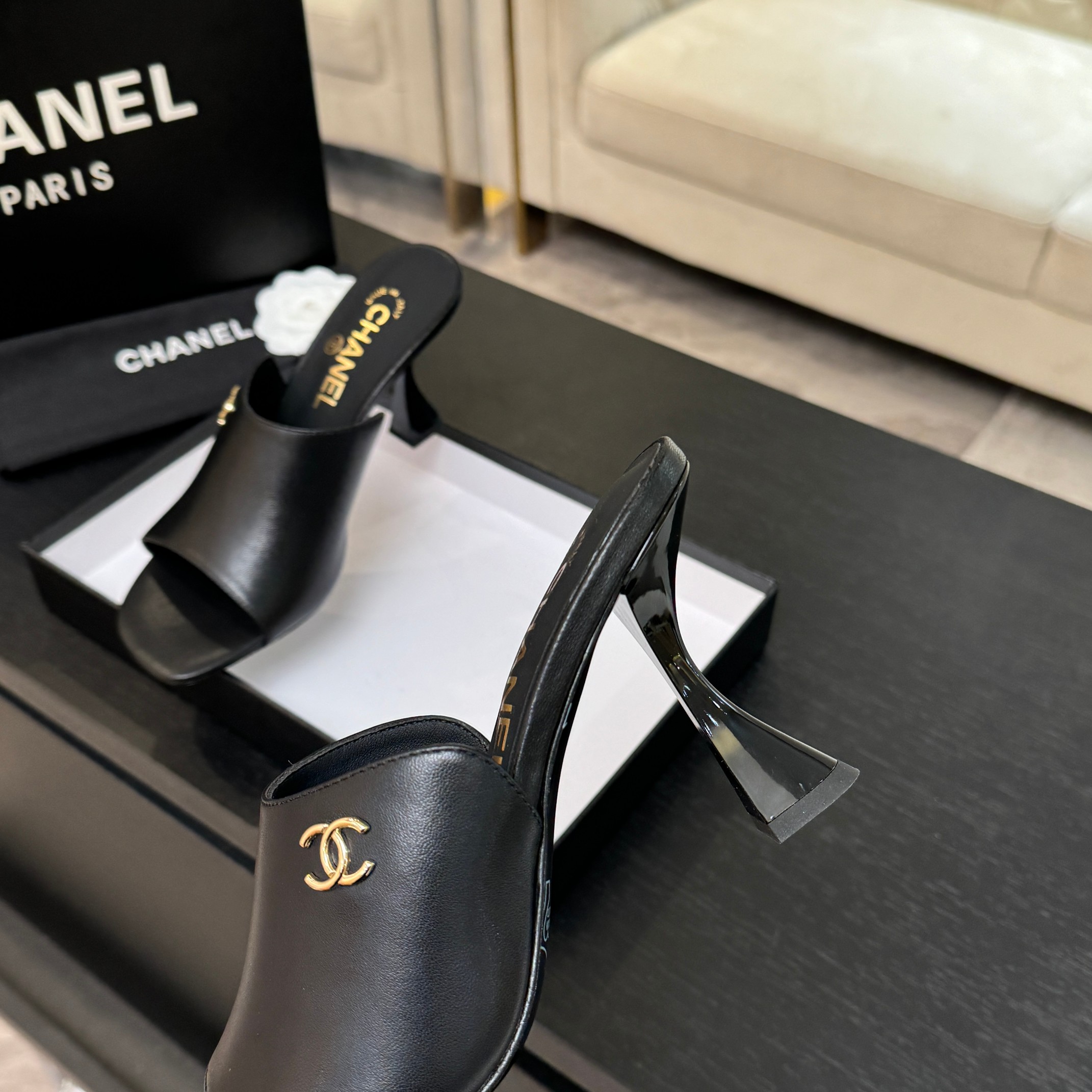 TOP CHANEL Calfskin High Heel Sliders - Black