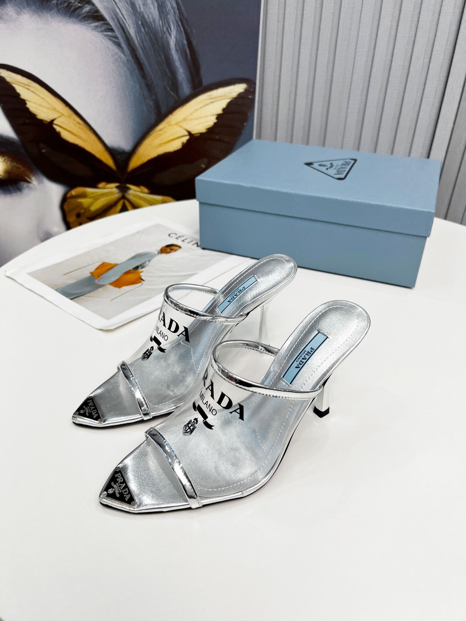 TOP PRADA Logo-print Plexiglas High-heel Slides - Silver