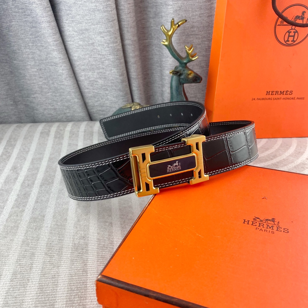 HERMES Men's H Buckle Crocodile Texture Leather Belt, Business Casual Waist Strap