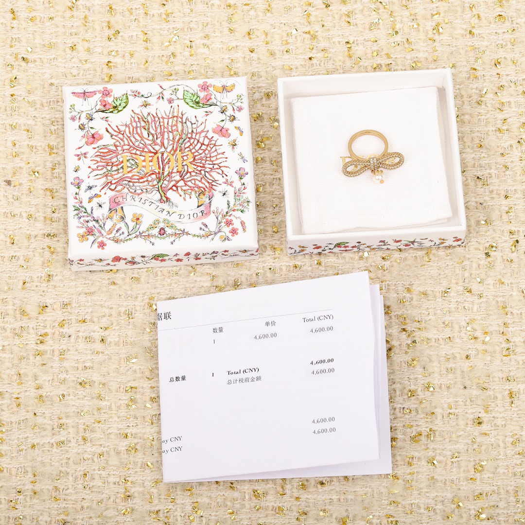 TOP Christian Dior Bow Pearl Ring - Gold