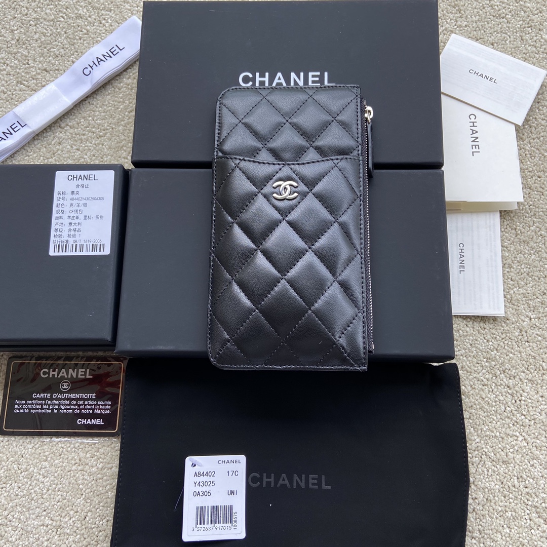 TOP CHANEL Wallet Calfskin/Lambskin 19.5×10×3cm - Black & GHW/SHW