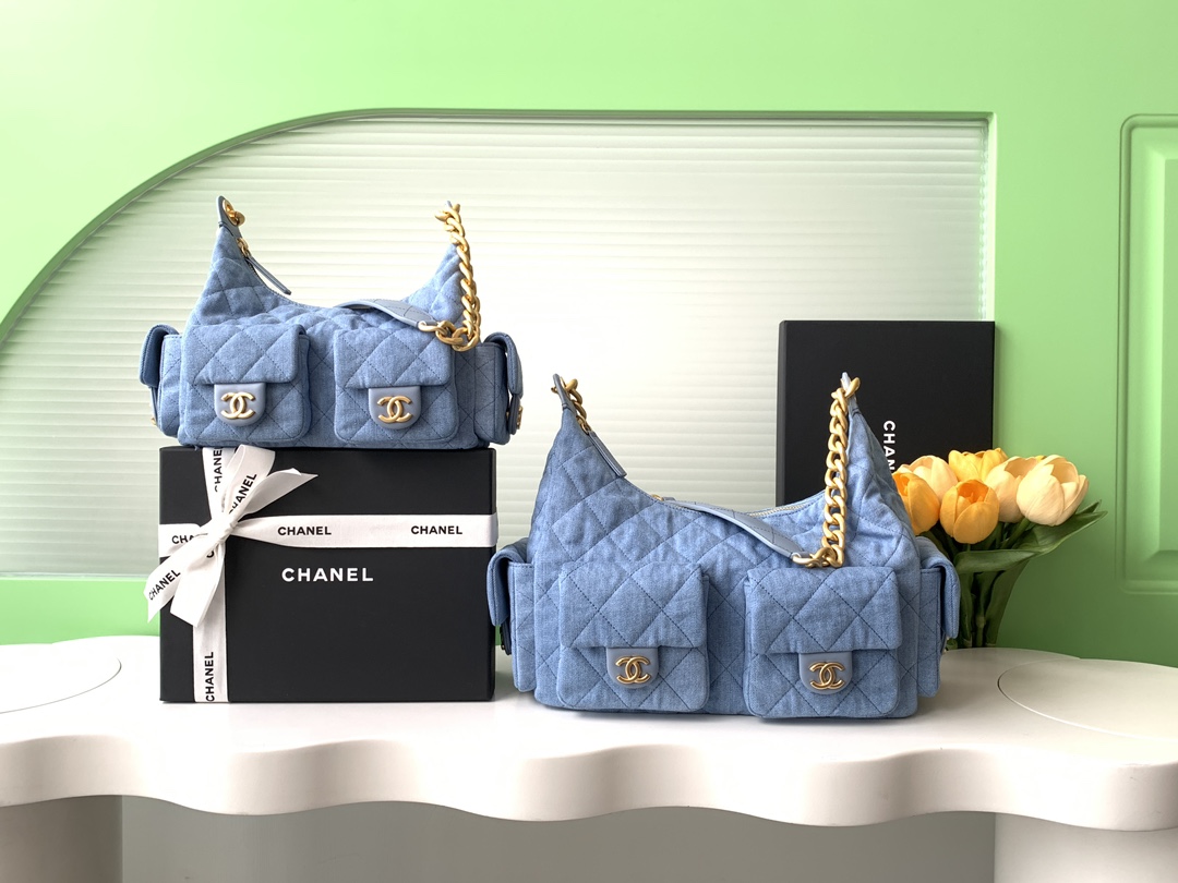 TOP CHANEL Hobo Bag Lambskin/Denim 22x31x15cm/27x35x18cm - Denim Blue