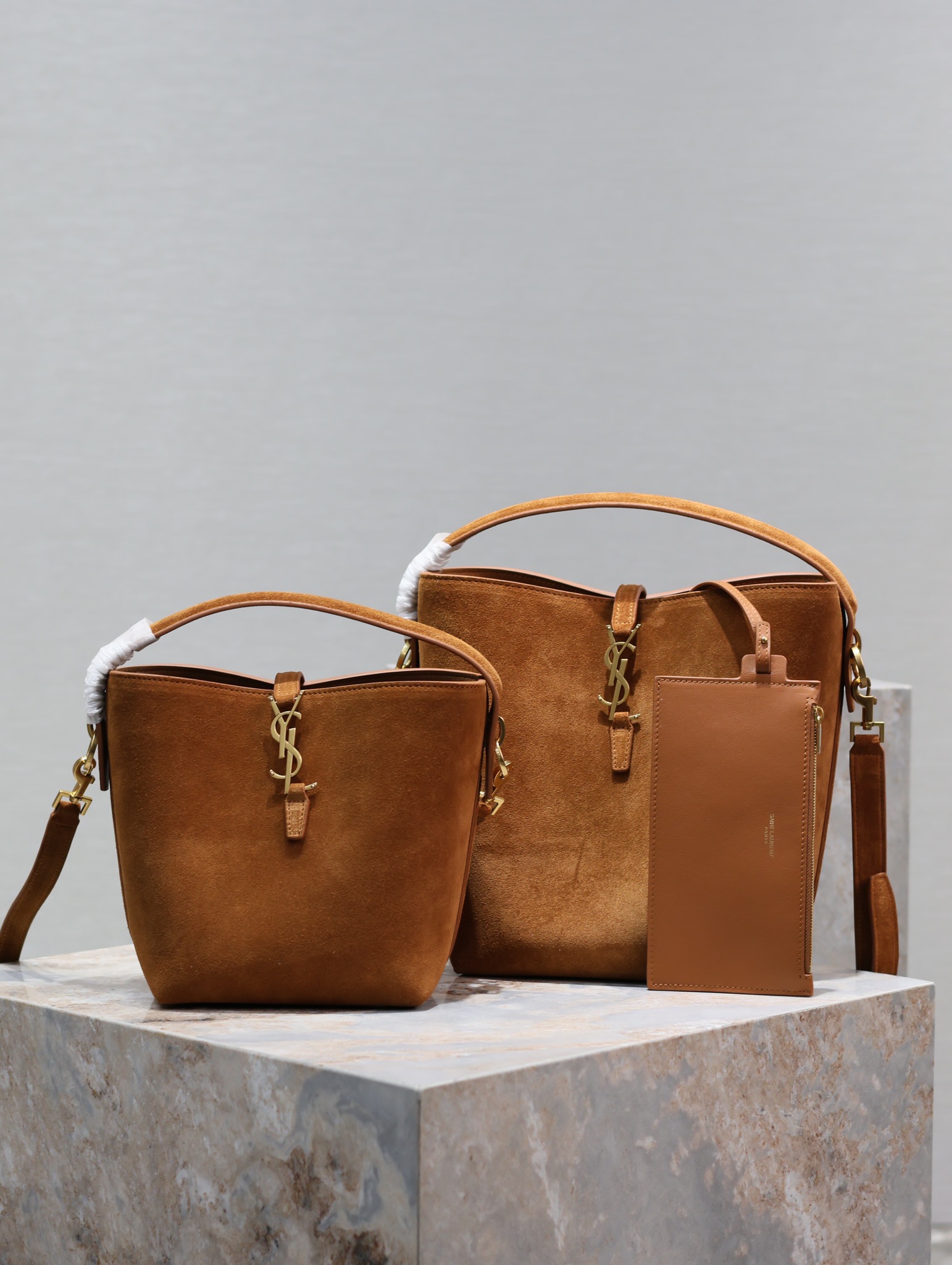 TOP Yves Saint Laurent YSL Le 5A7 Suede Bucket Bag 2 Sizes - Brown&GHW