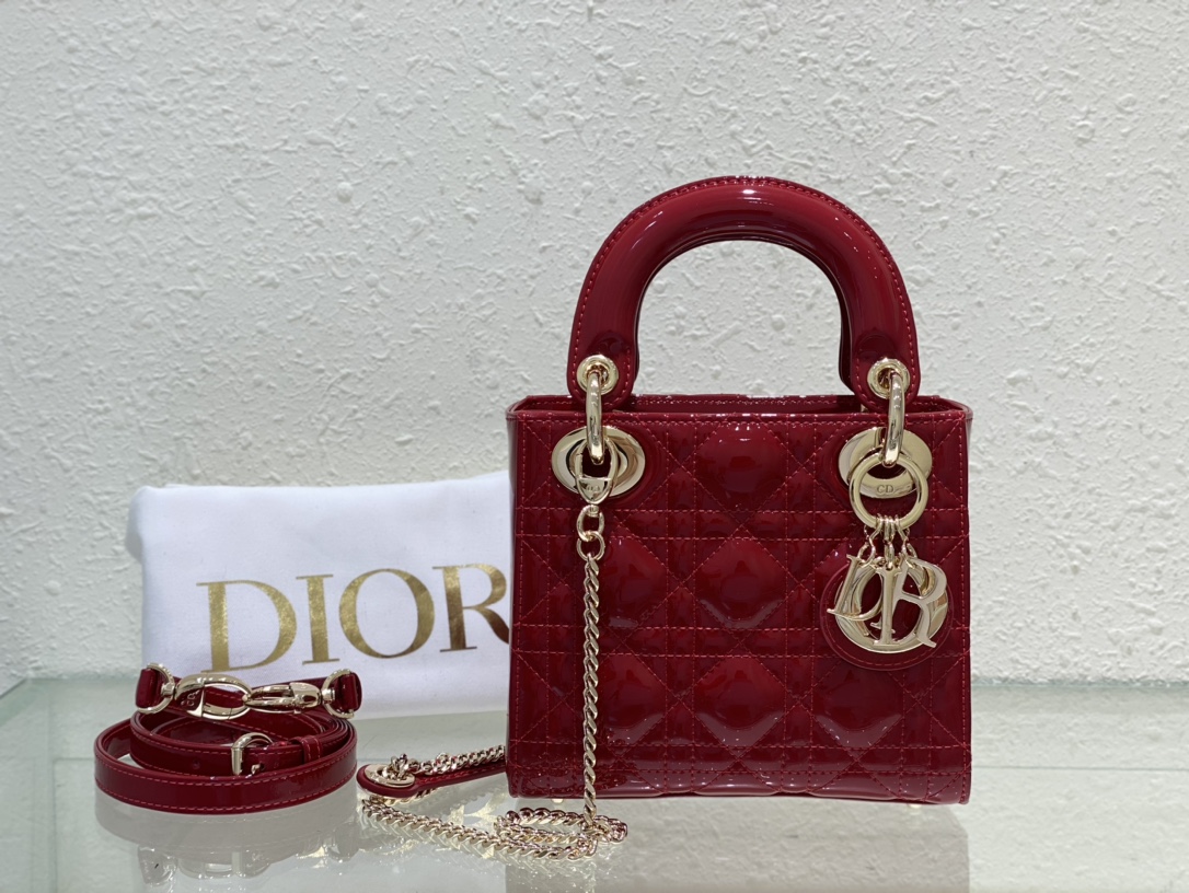 TOP Christian Dior Lady Dior Bag Patent Leather 17x7.5x14 cm/ 20x17x8 cm/24x20x11 cm- Red