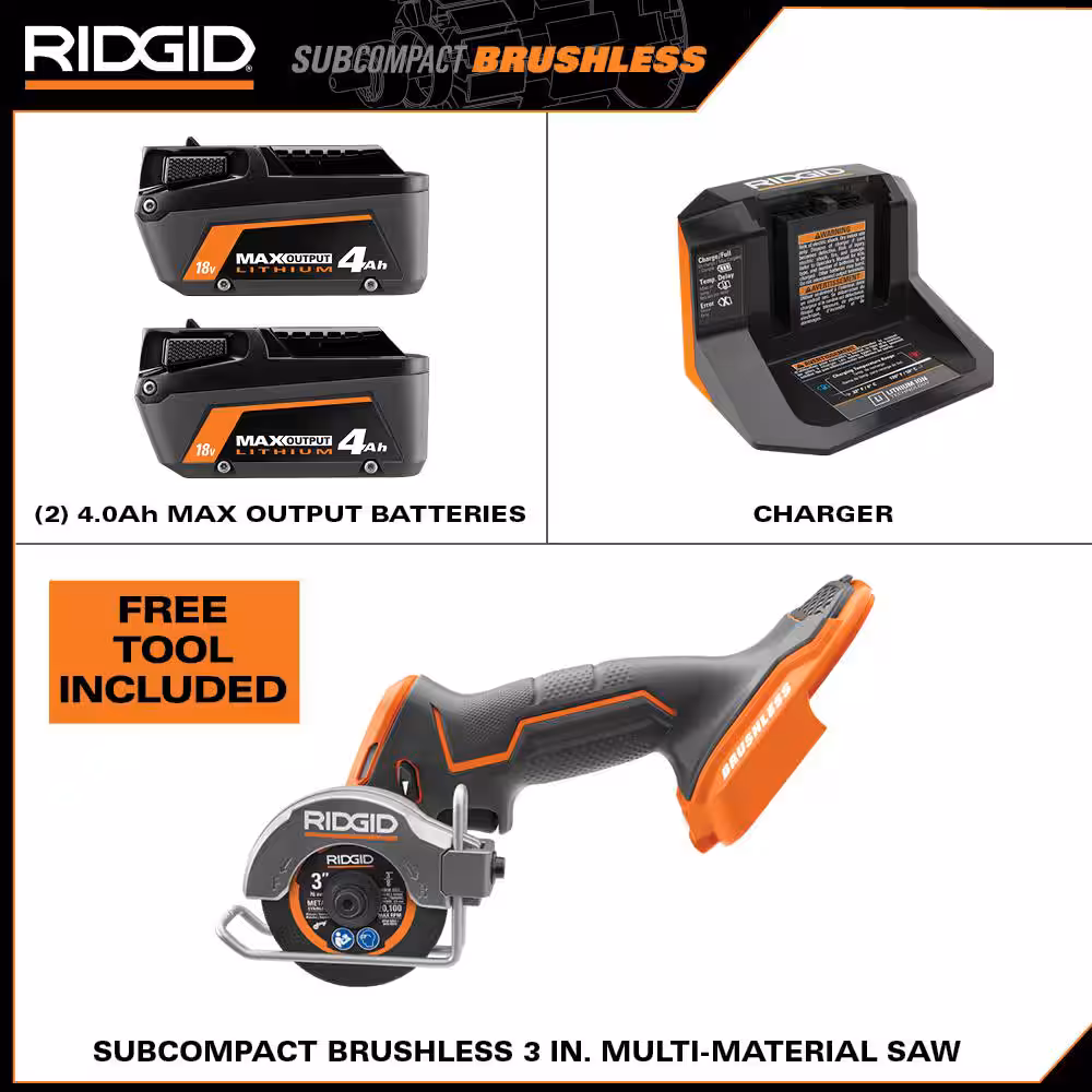 18V Max Output (2) 4.0Ah Battery and Charger with FREE Brushless Subcompact Multi Material Saw