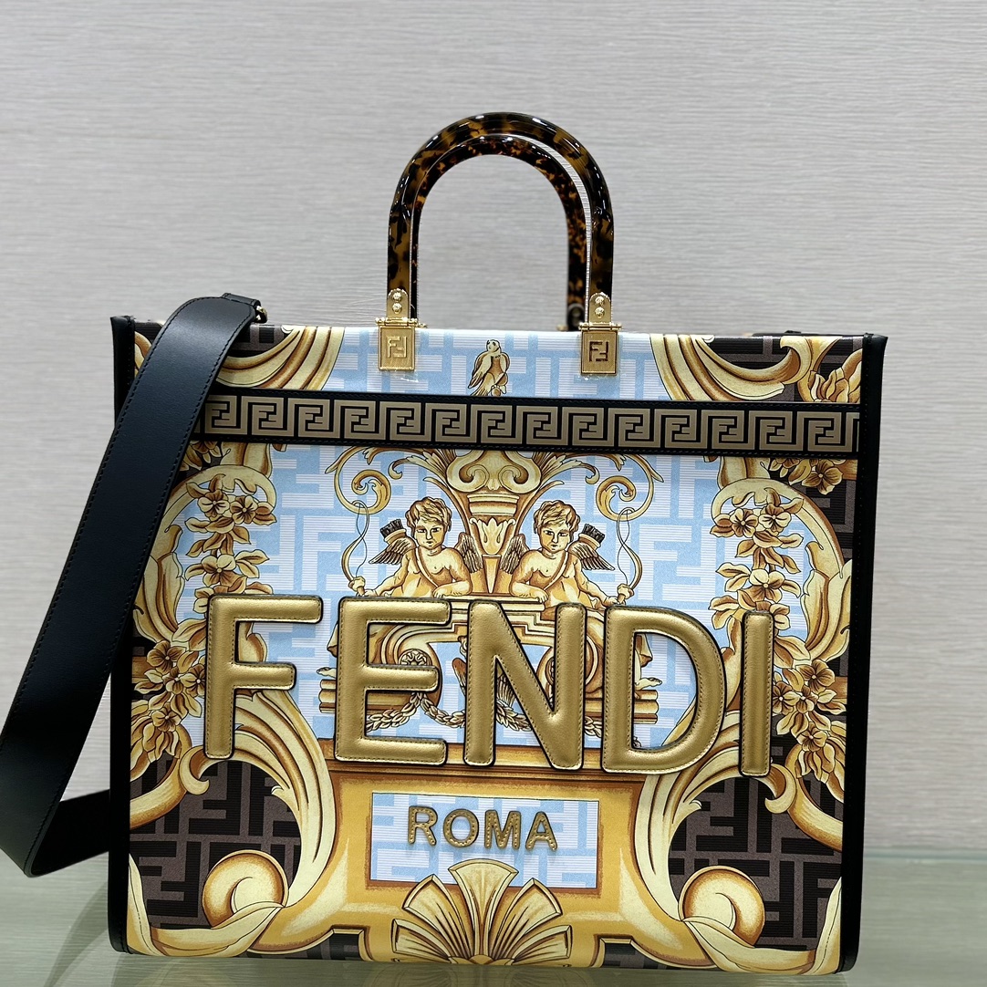 TOP FENDI Versace And Fendi Co Branded Large Sunshine Leather Handbag 40.5*35*21.5cm - Golden