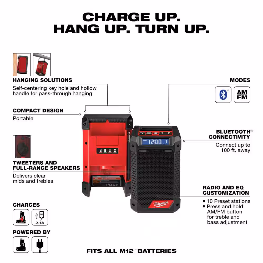 M12 12V Lithium-Ion Cordless Bluetooth/AM/FM Jobsite Radio with M12 12V Lithium-Ion CP High Output 2.5Ah Battery Pack