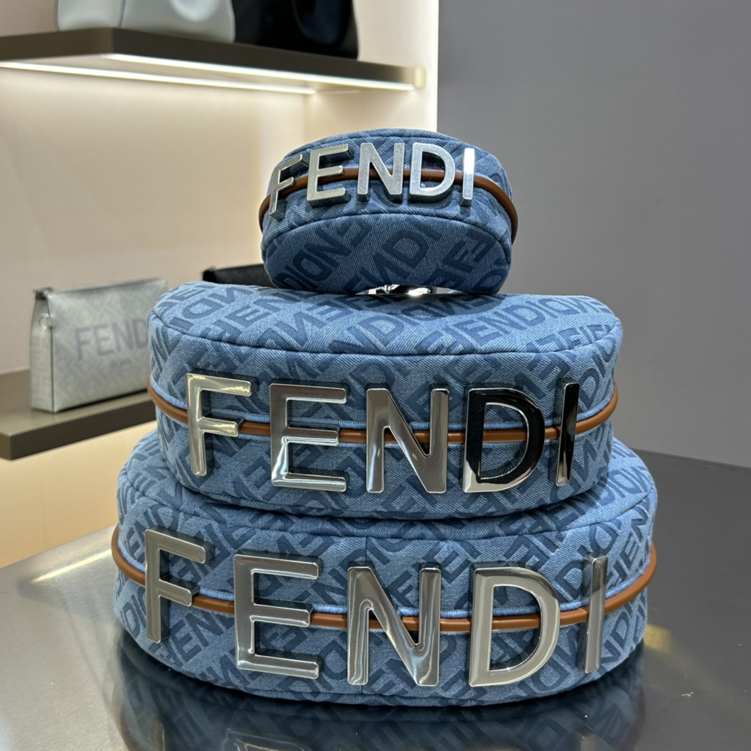 TOP FENDI Classic Metal Logo Fendigraphy Bags - 3 Sizes - Denim Blue&SHW