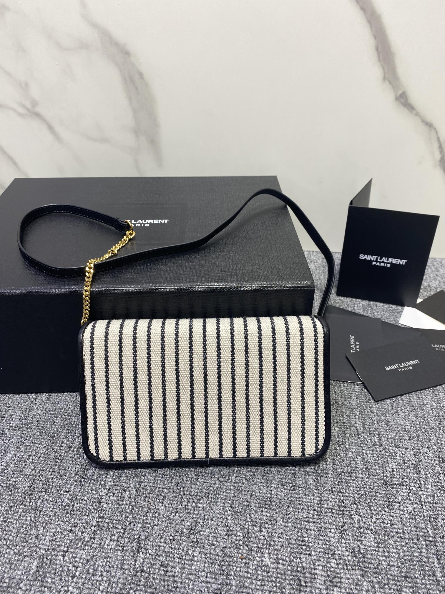 TOP Yves Saint Laurent YSL Striped Phone Case Bag - Black and Ivory
