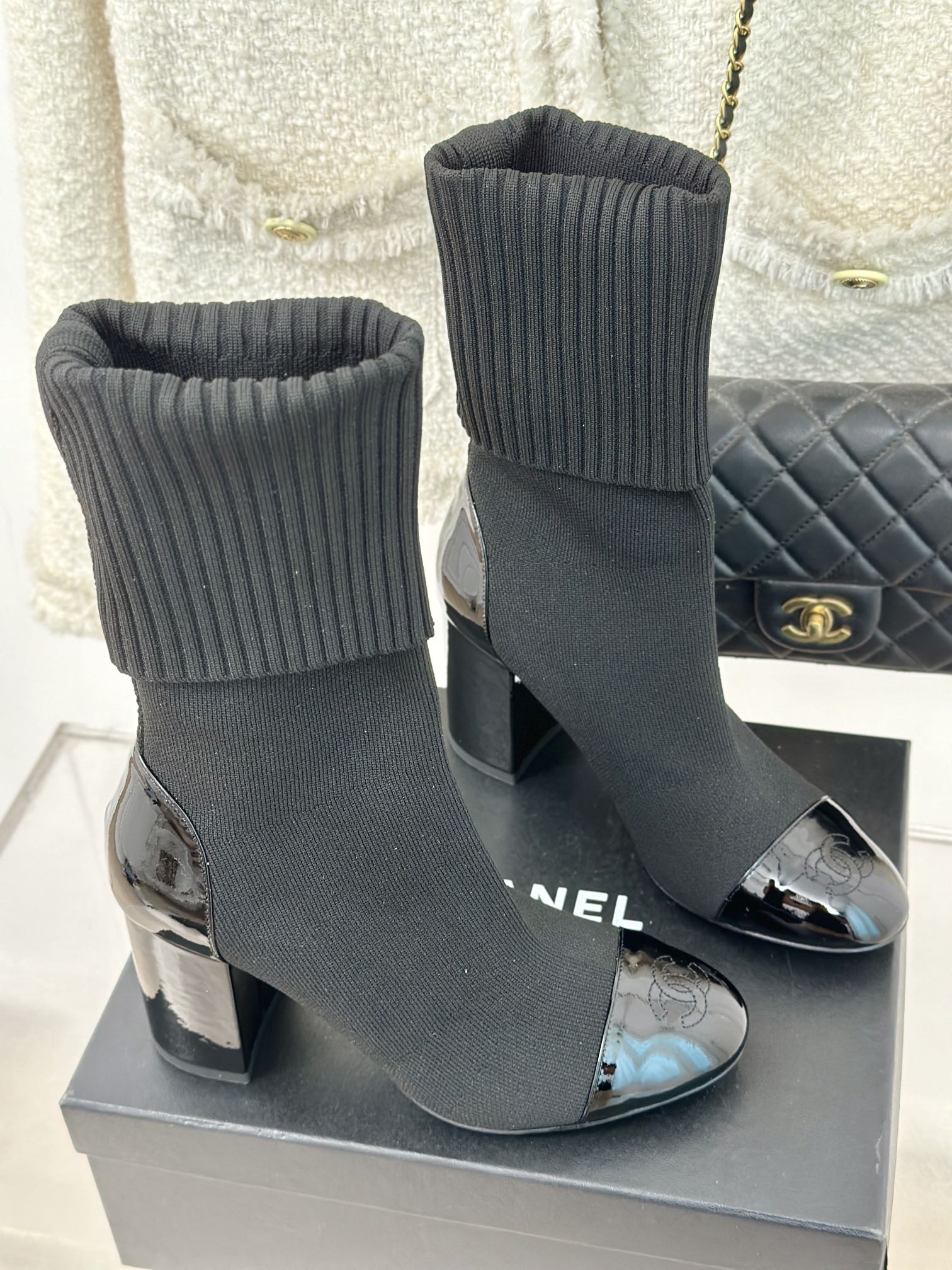 TOP CHANEL High Heel Sock Boots - Black & White
