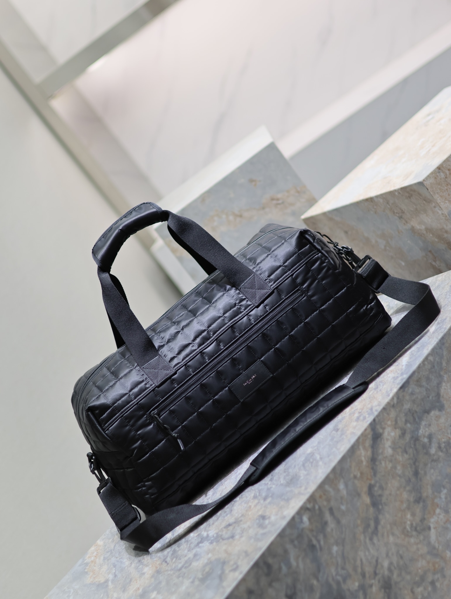 TOP Yves Saint Laurent YSL Nylon Plaid Travel Handbag - Black