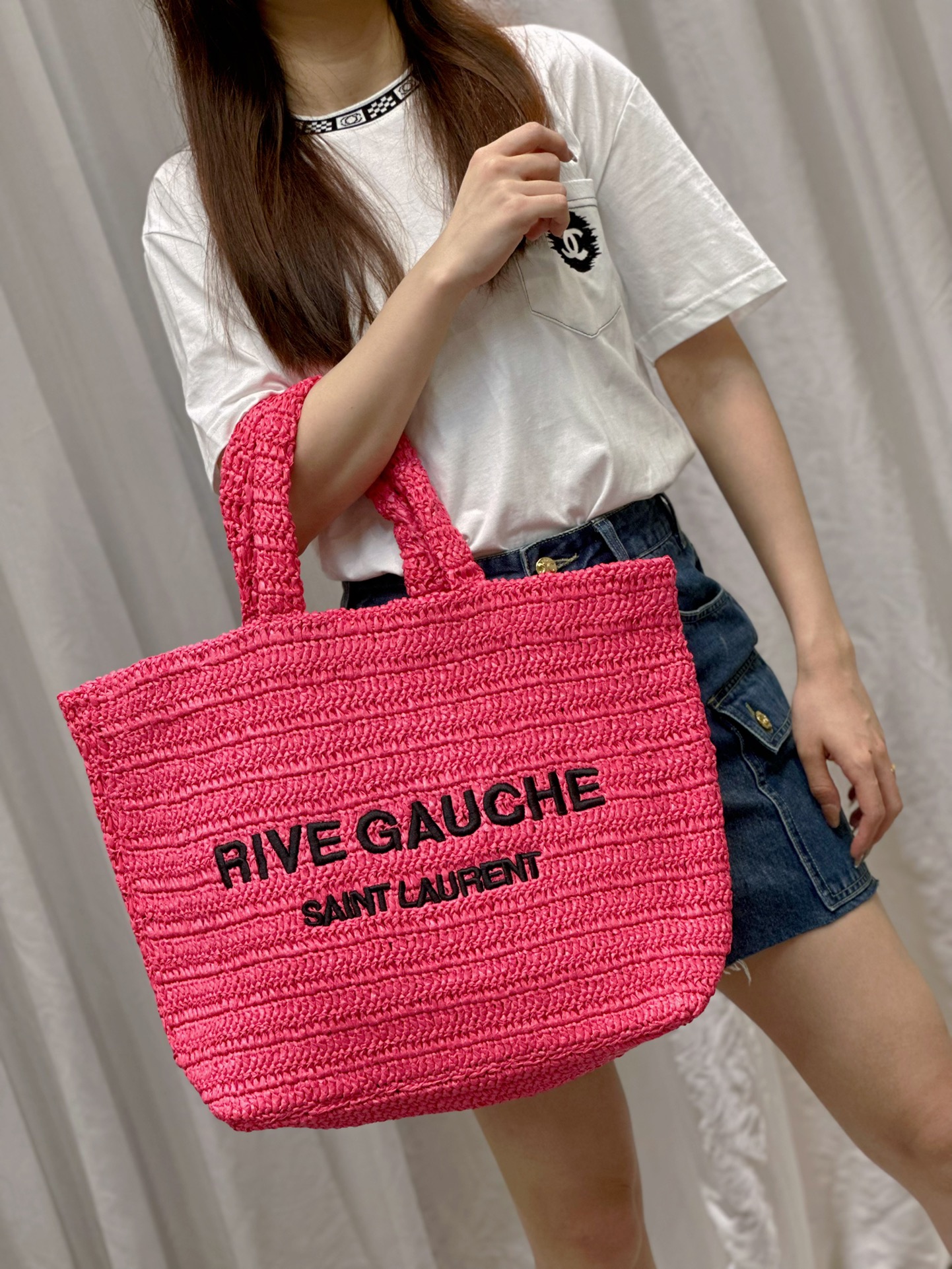 TOP Yves Saint Laurent YSL RIVE GAUCHE Straw Woven Bag Tote