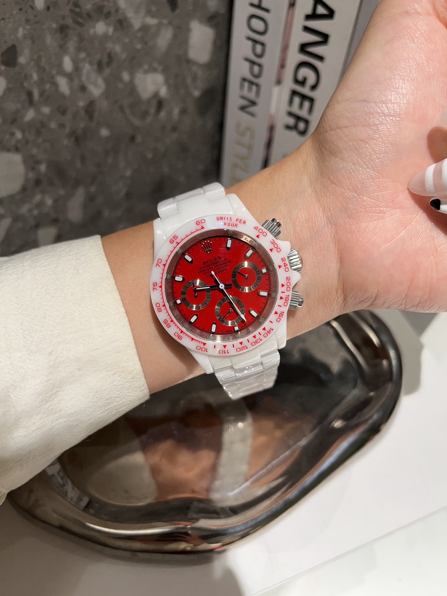 ROLEX Daytona Ceramic Chronograph Watch, White Ceramic Case Red Dial 3 Sub-dials Unisex Mechanical Watch