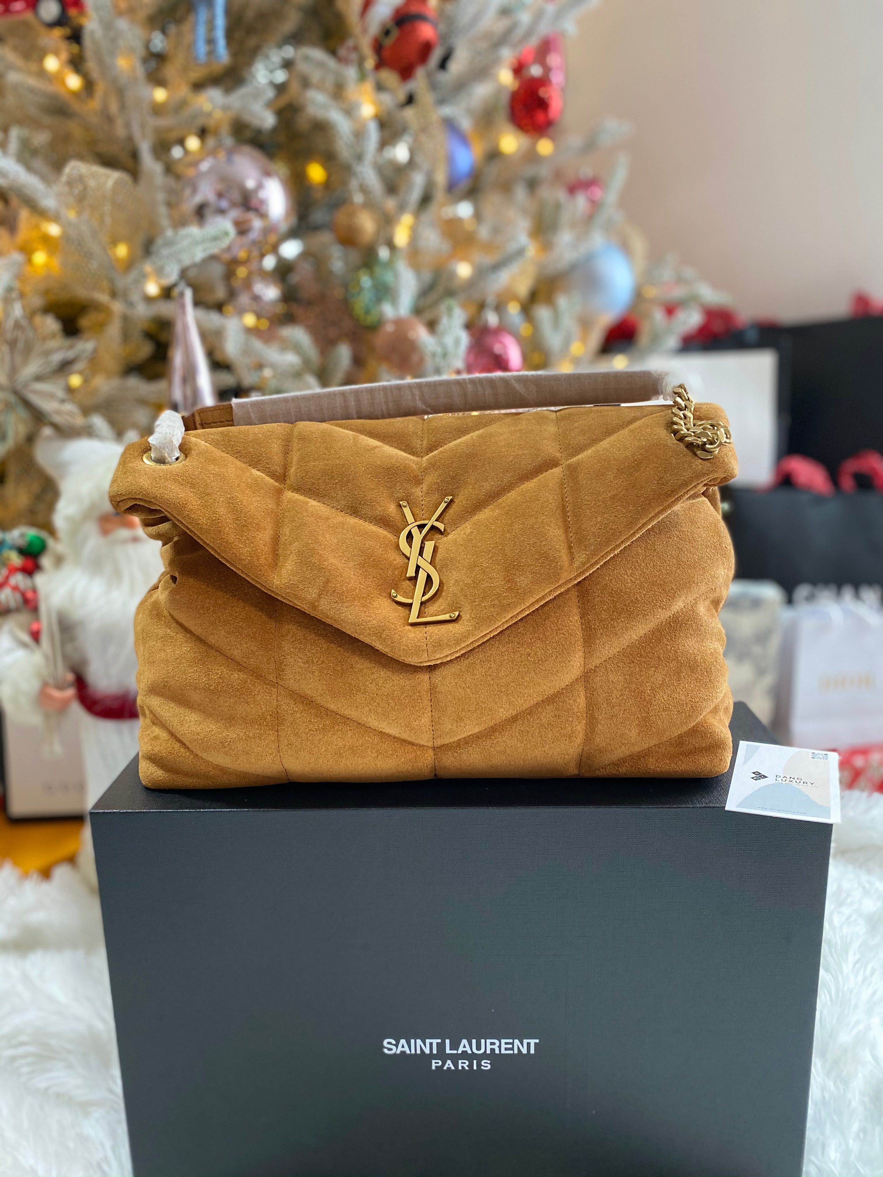 TOP Yves Saint Laurent YSL YSL LouLou Puffer Medium Suede Leather 35X23X13.5cm - BROWN