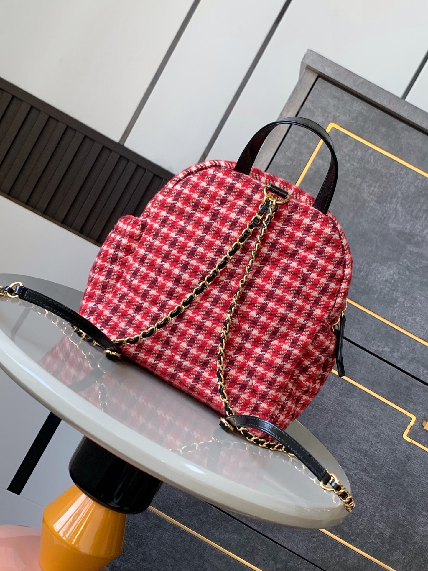 TOP CHANEL Houndstooth Backpack 28×26×11cm - Red