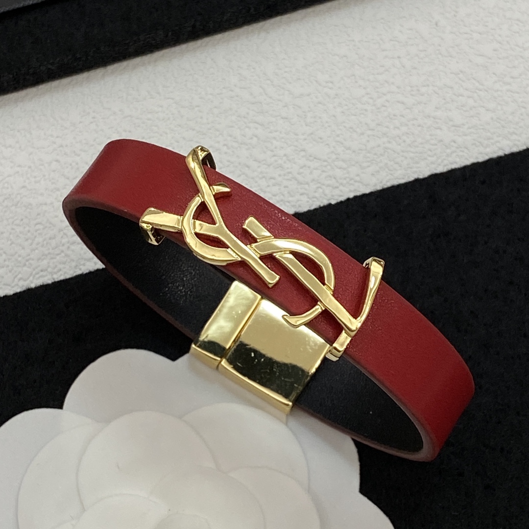 TOP Yves Saint Laurent YSL Cassandre Leather Bracelets - Red