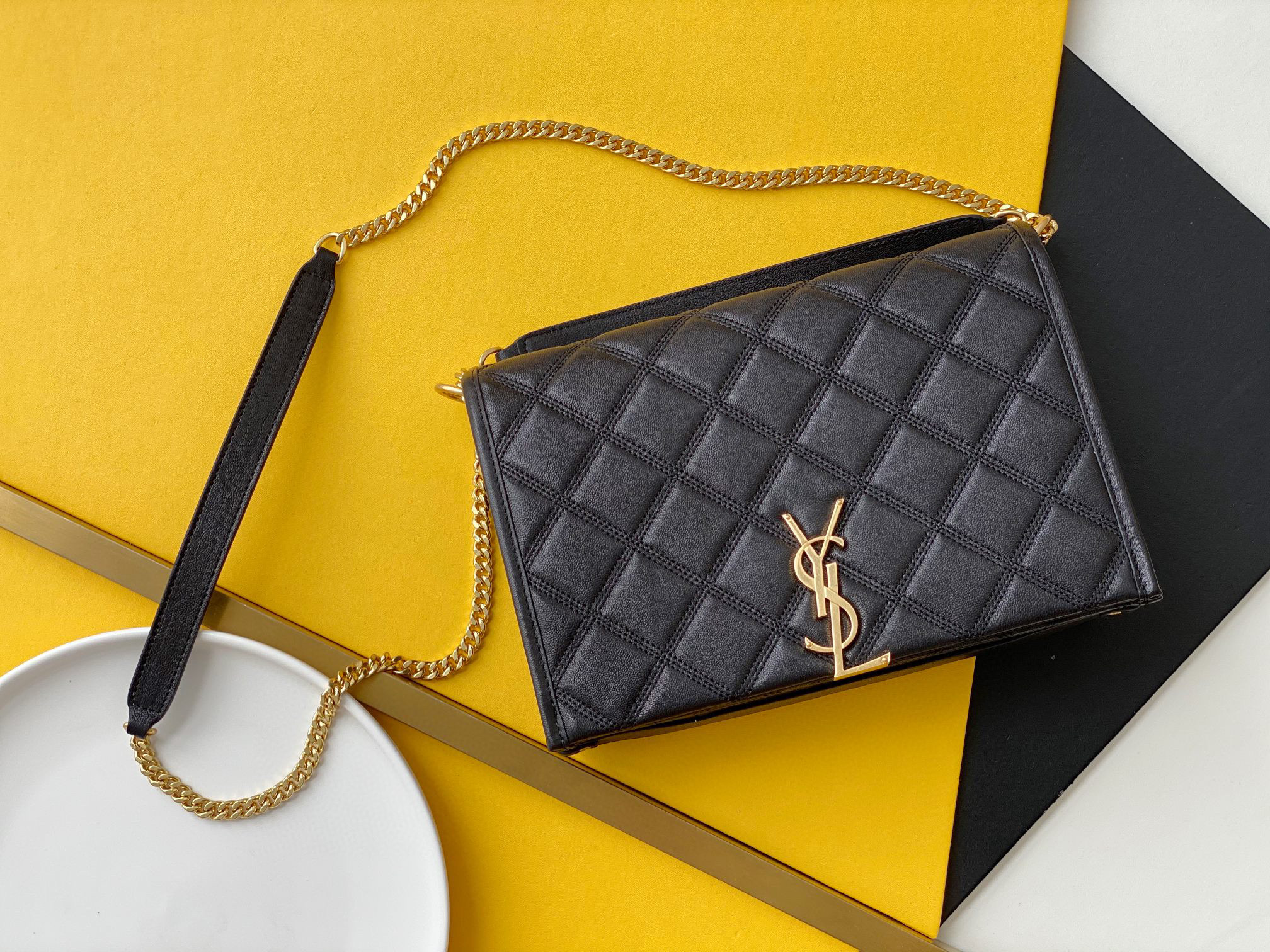 TOP Yves Saint Laurent YSL Becky Bag Lambskin 25CM - Black/White