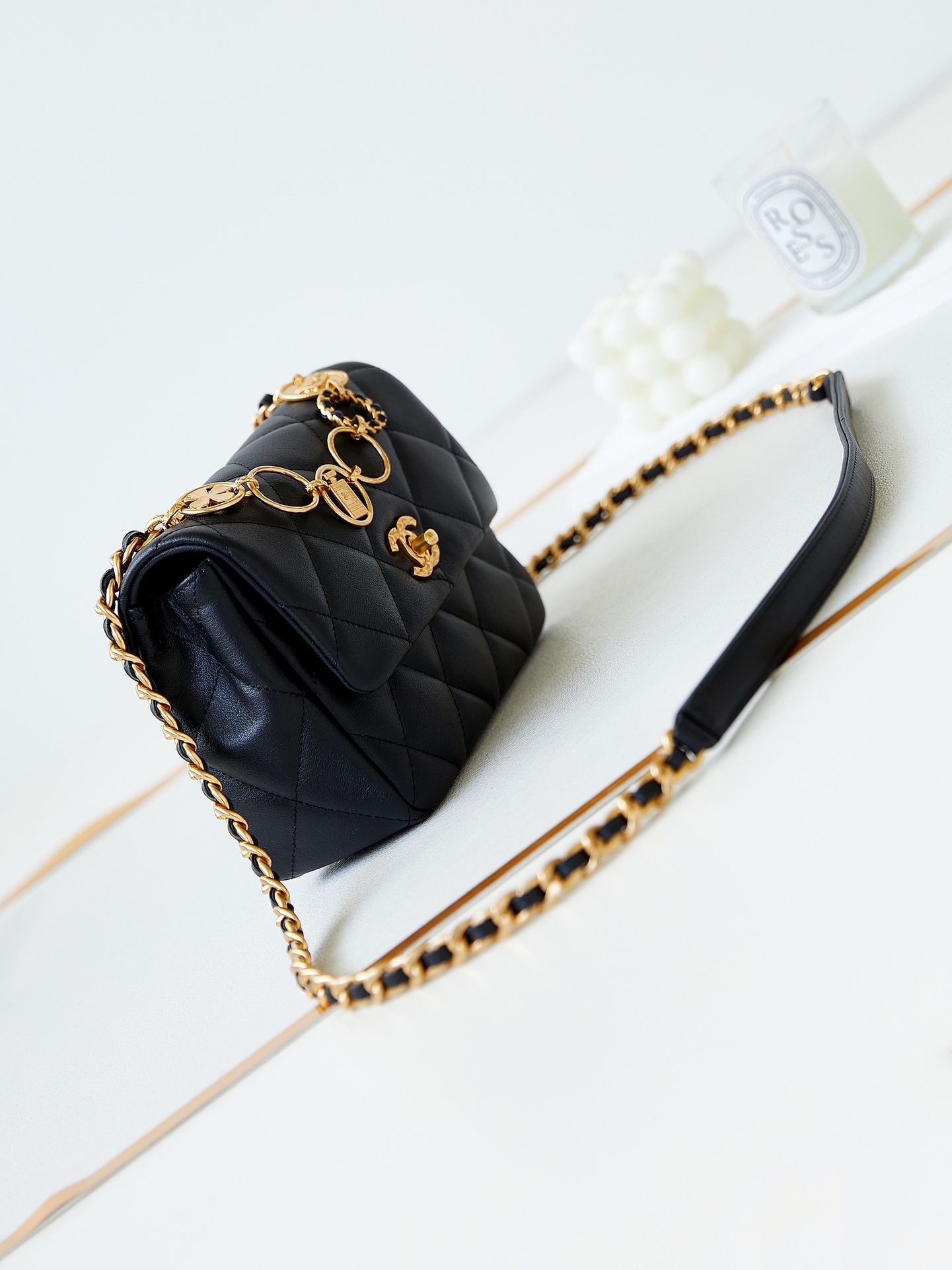 TOP CHANEL 23B Gold Coin Cap Bag 13×17×6cm - Black&GHW
