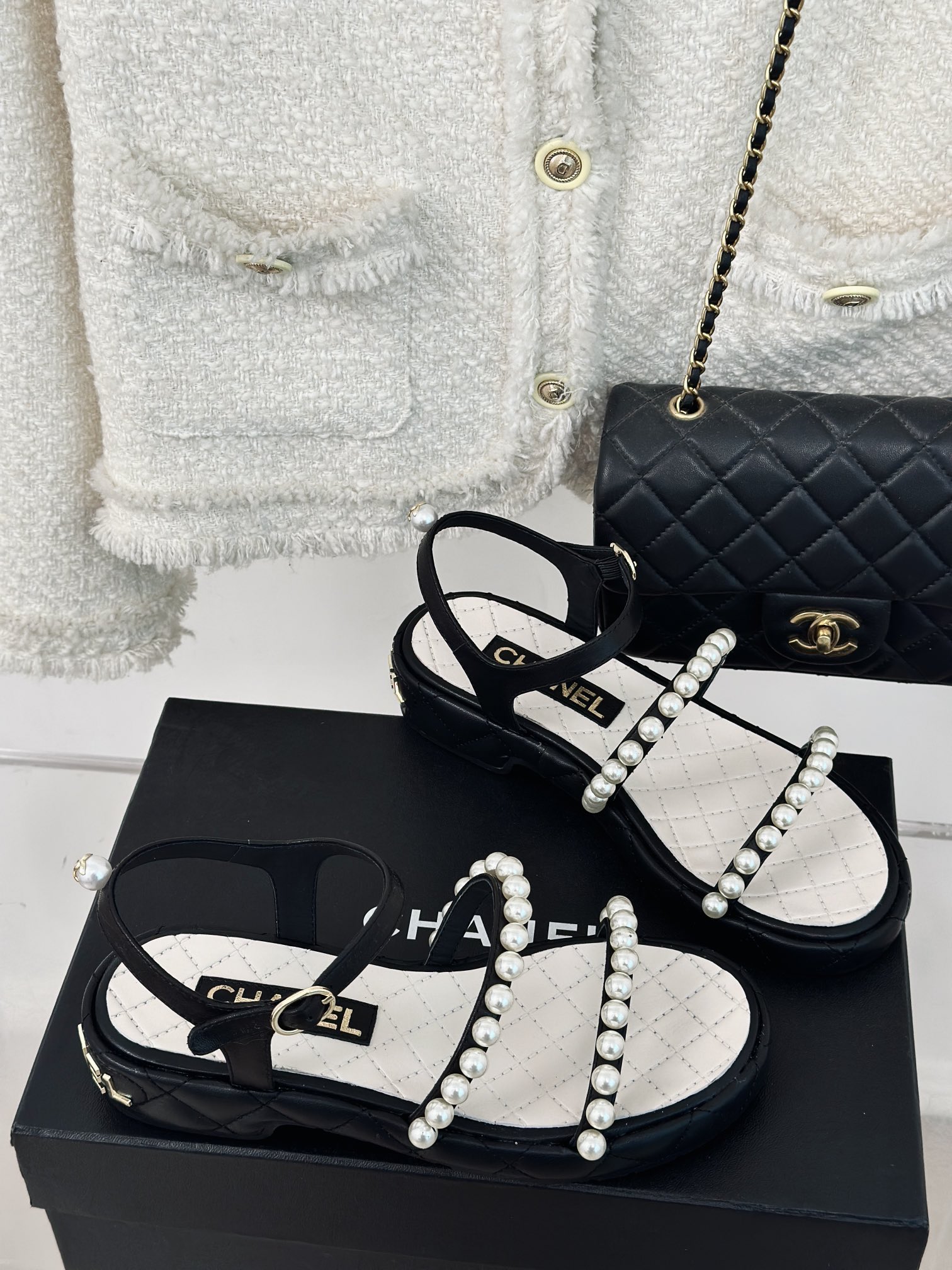 TOP CHANEL Thick-soled Camellia Pearls Sandals 3cm - 3 Color