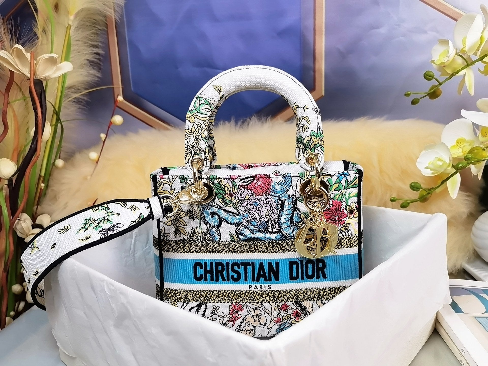 TOP Christian Dior Lady Christian Dior Bag D-Lite Embroidery Constellation Medium - White