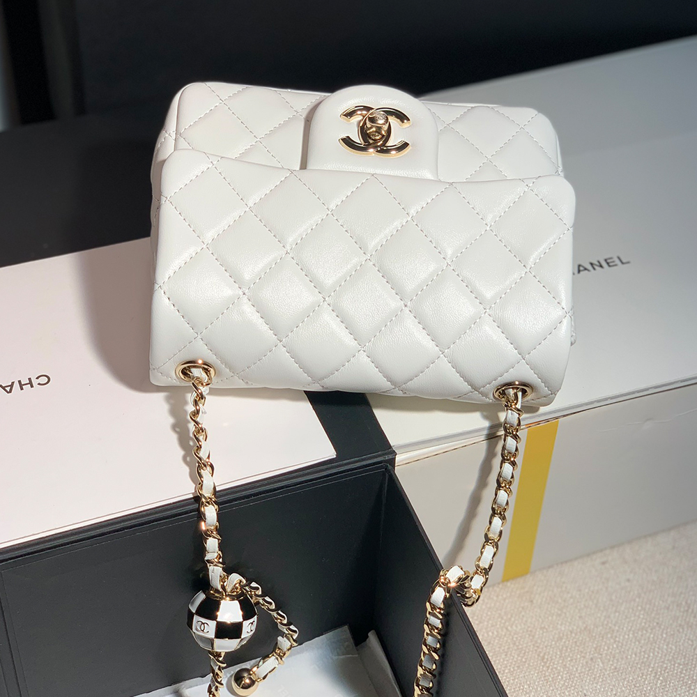 Chanel Classic Flag Bag Pearl Crush Mini Square Flap Bag White   Light Gold Hardware