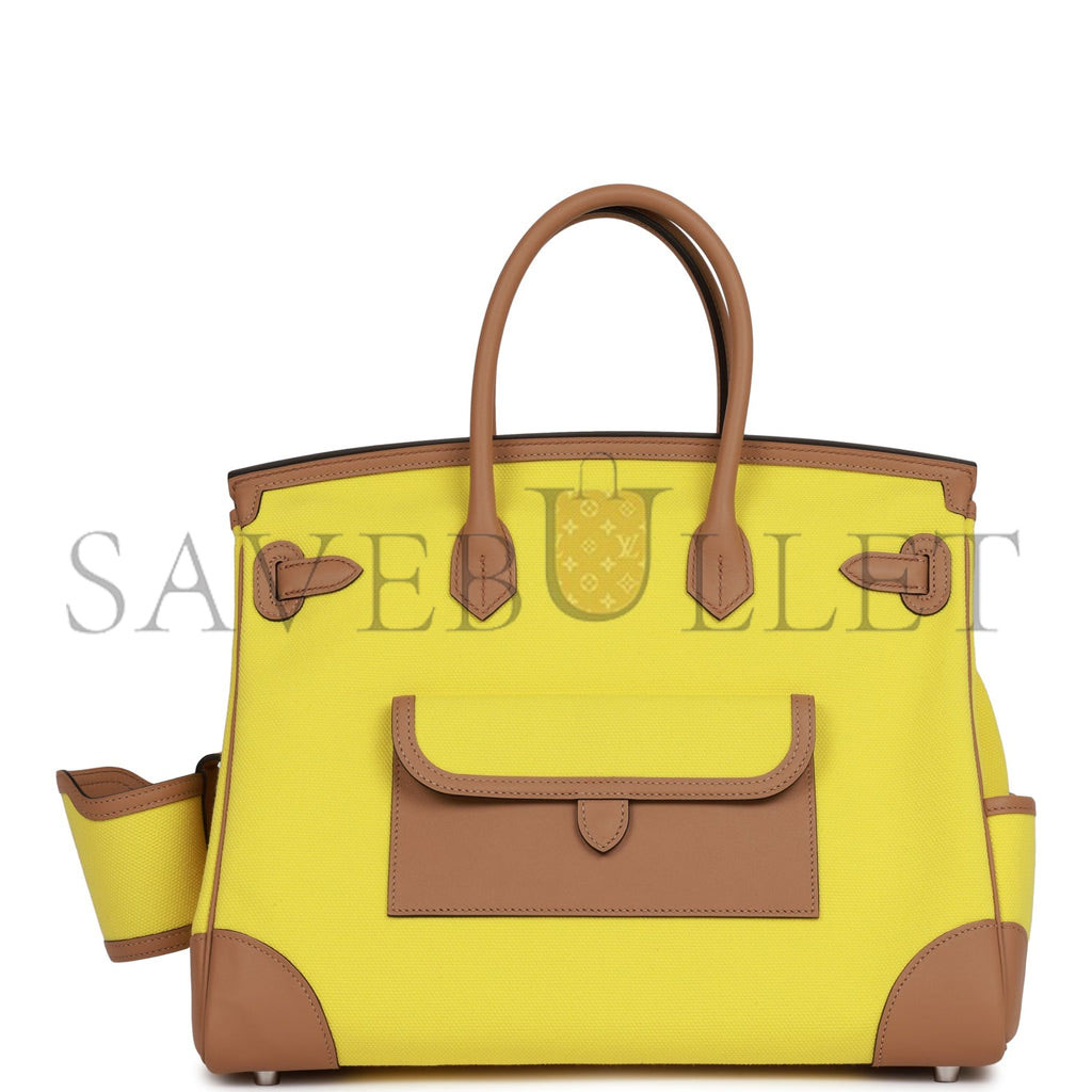 HERMES MASTER BIRKINBIRKIN 35 CARGO JAUNE CITRON TOILE AND CHAI SWIFT PALLADIUM HARDWARE (35*28*18cm)