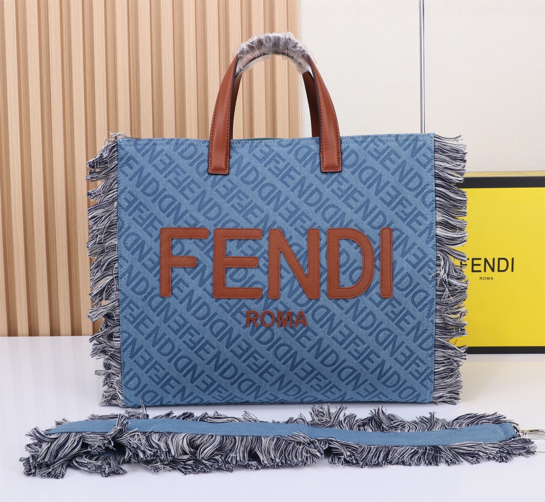 TOP FENDI Denim Tassel Tote Bags - Denim Blue - 2 Sizes
