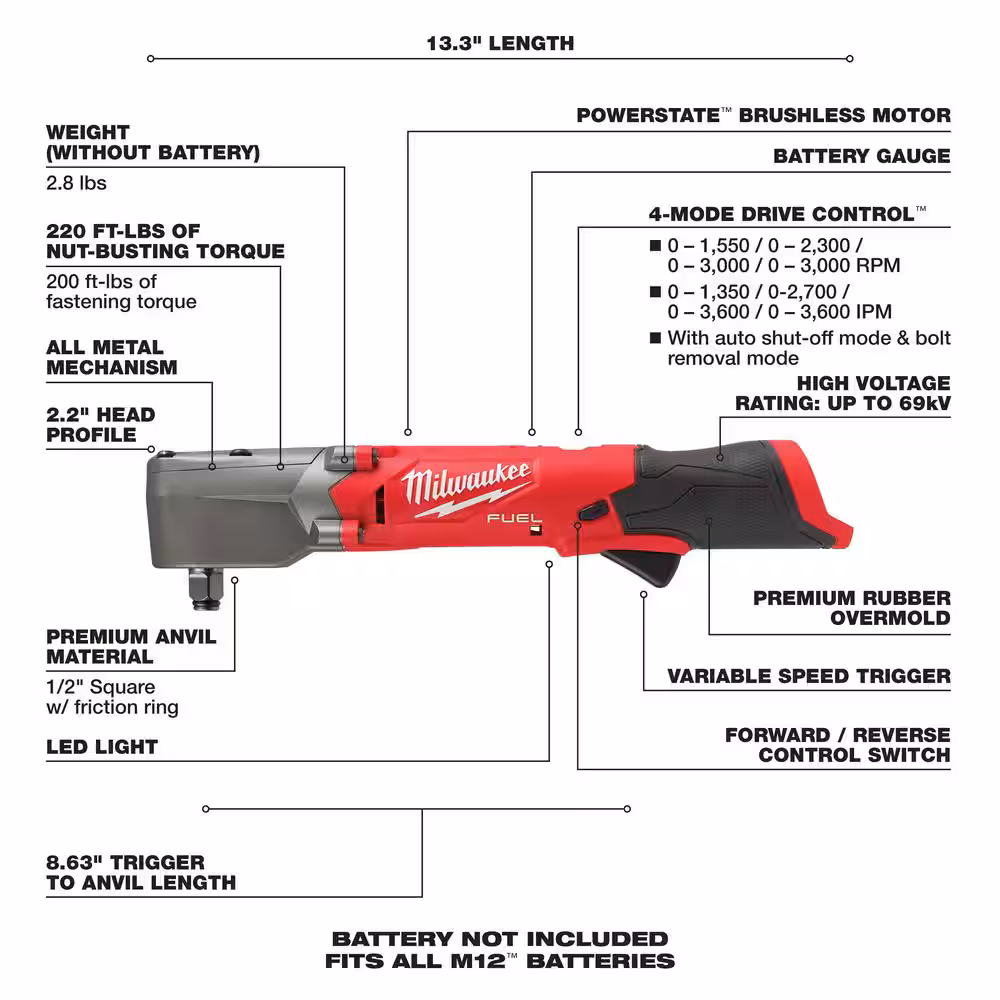 M12 FUEL 12V Lithium-Ion Brushless Cordless 1/2 in. Right Angle Impact Wrench (Tool-Only)