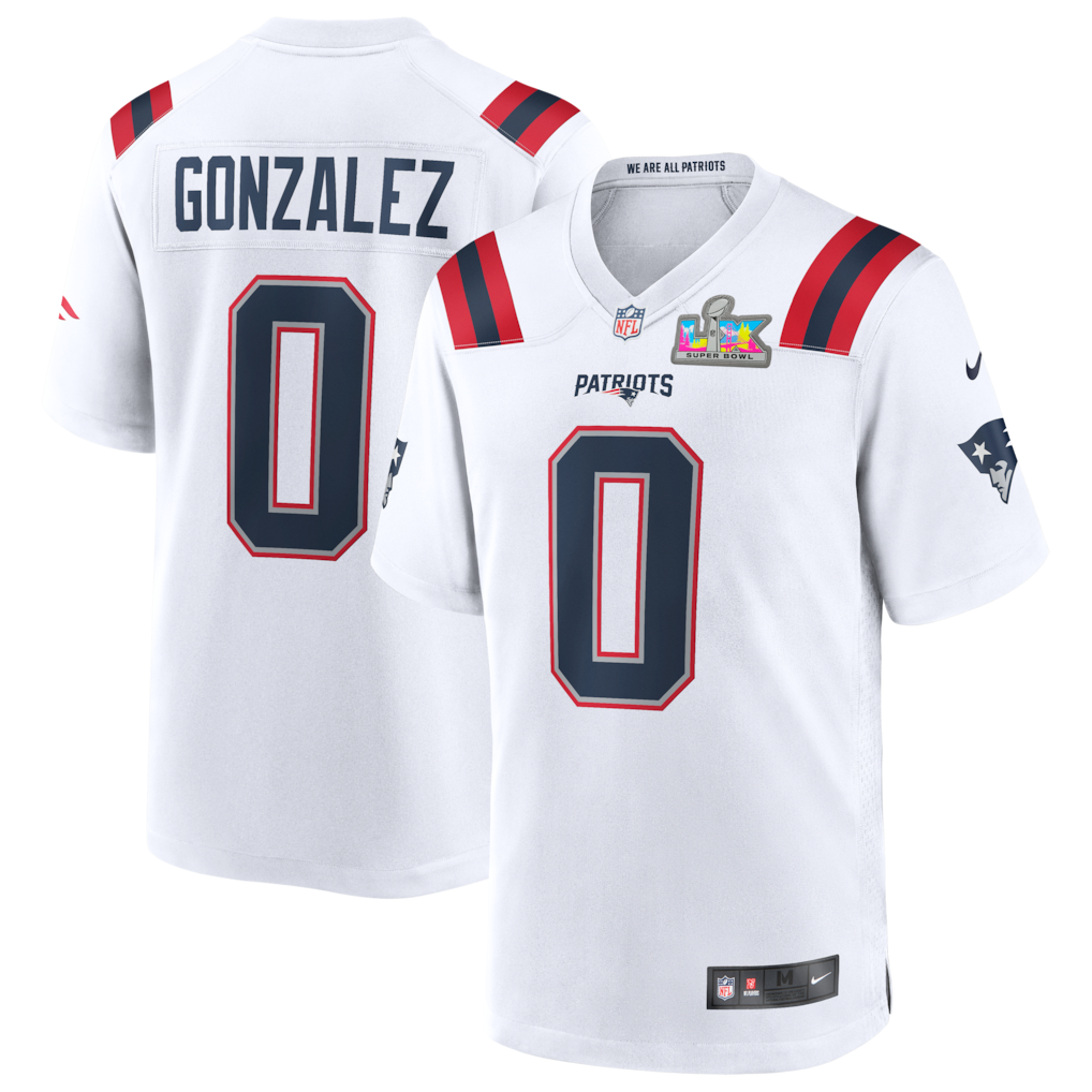 New England Patriots Road Game Super Bowl LX Patch Jersey - White - Christian Gonzalez - Mens