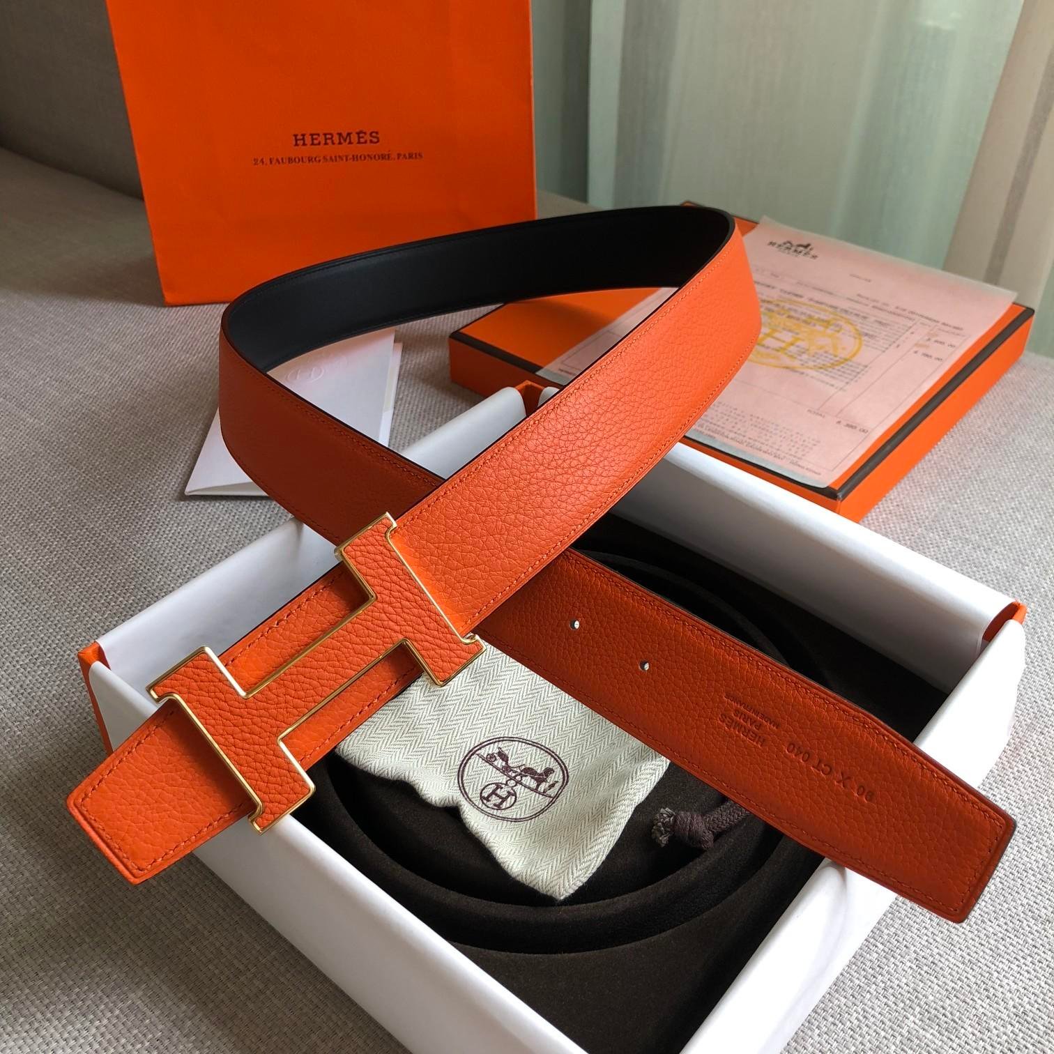 Hermès H Guillochee Belt Buckle & Reversible Strap Orange For Women, Women Belt 380MM