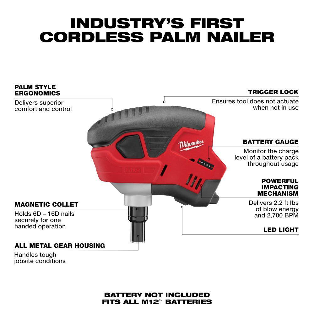 M12 12-Volt Lithium-Ion Cordless Palm Nailer (Tool-Only)