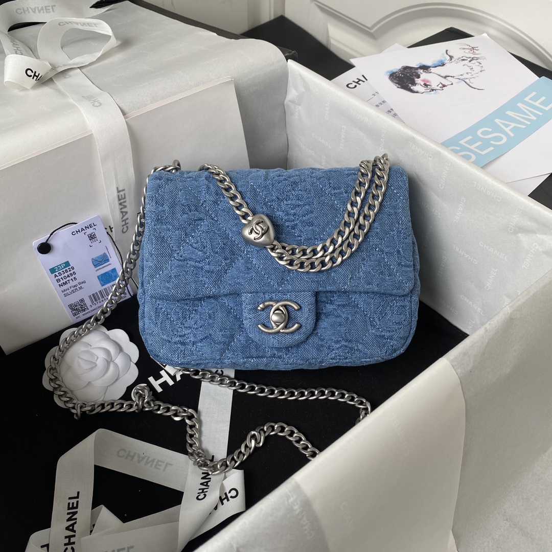 TOP CHANEL Cowboy Classic Flap Bag 14X20x8cm/19X24x9cm - SHW - Blue