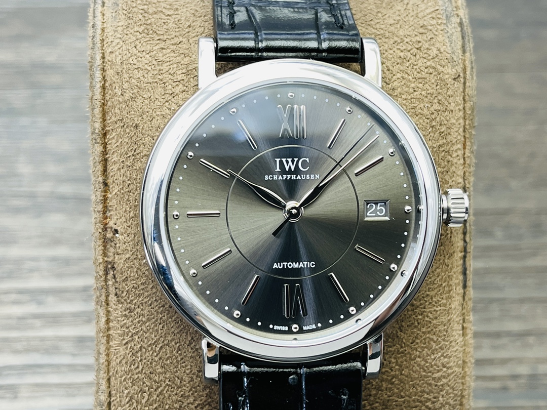 IWC Portofino Automatic Watch, Grey Sunburst Dial Black Crocodile Leather Strap Wristwatch
